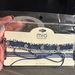 Mia Collection Blue and White Denim Choker Set bedazzled Accents & Navy Cord Tie